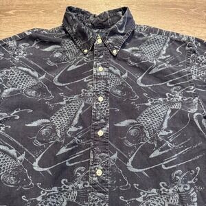 Ralph Lauren Shirt Men XL Blue‎ Koi Fish Hawaiian Print Cotton Short Sleeve Slim